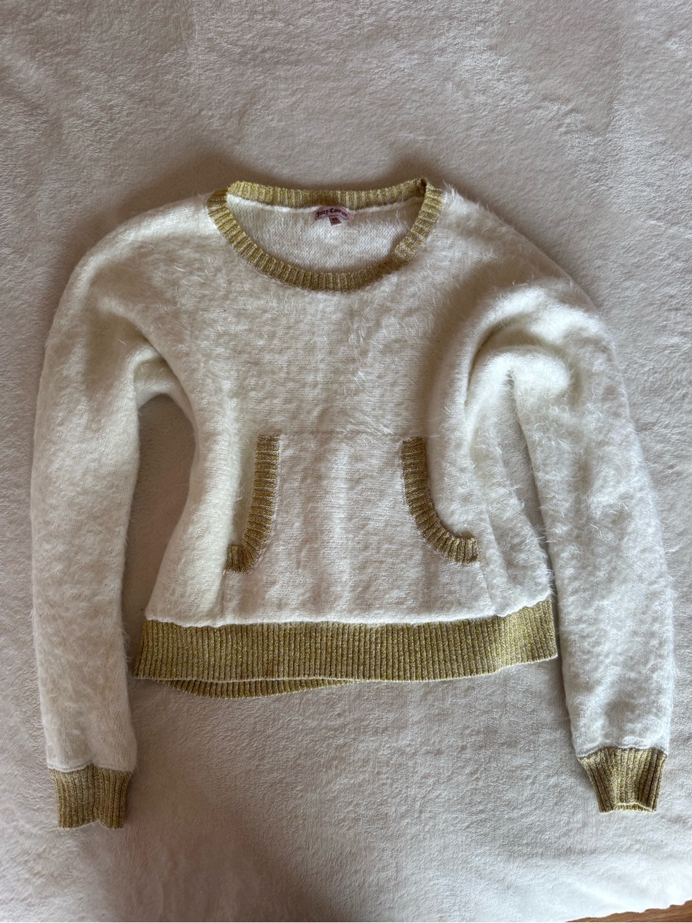 Juicy Couture Cream Fuzzy Crewneck Sweater with Gold Trim